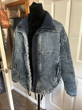 American Eagle Outfitters Washed Denim Blue Puffer Jacket